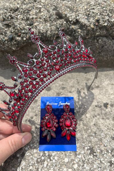 Hobigram Catalina Burgundy Bridal Henna Crown Special Day Accessory Women's Crown and Three Shuttle Shuttle Earrings Set