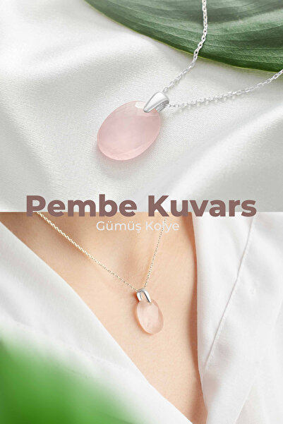luxtone Pembe Kuvars Gümüş Kolye Sertifikalı 925 Ayar Gümüş Doğaltaş Oval