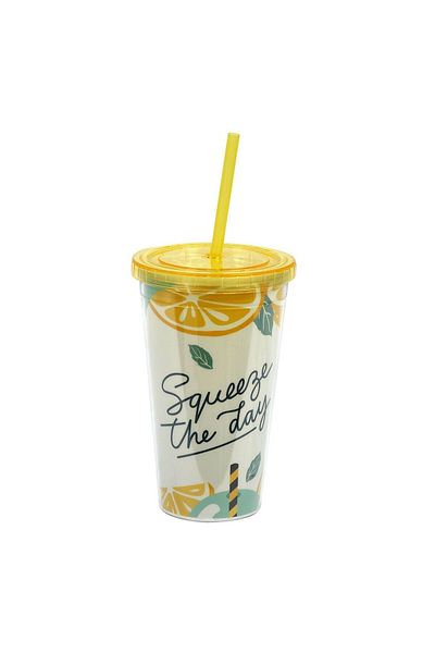 SyaMAG Plastic Cup Squeeze the Day, Lid, Straw, Yellow, 0.5L Capacity