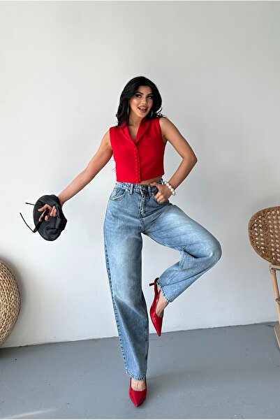 DESTEMODA Pantaloni largi de damă cu cataramă pentru curea, cu efect, albastr...