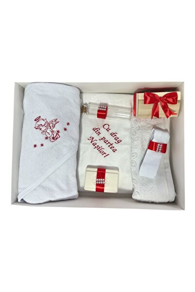 Botez Trusou botez ingeras, 7 piese, rosu, in cutie, bumbac, cu mesajul "Cu d...