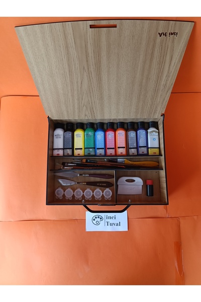 İNCİ TUVAL Ahşap Özel Tasarım Açık Meşe Renkli Çanta Kutu Akrilik Boya Fırça ...