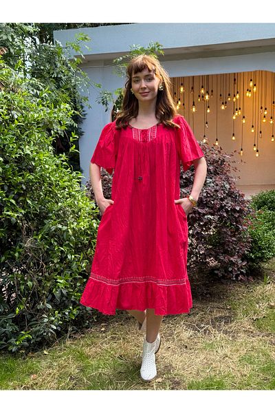Butik Esra Kandemir Summer Cotton Fabric Lined Large Size Dress - 1058
