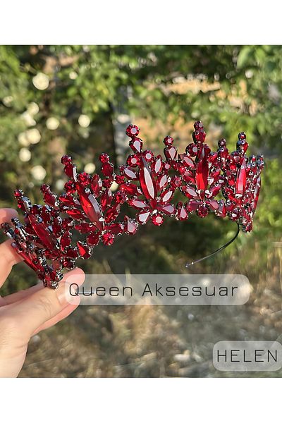 QUEEN AKSESUAR Helen Granate Burgundy Red Crystal Stone Luxury Design Engagement Bridal Tiara Metal Crown with Authentic Motif