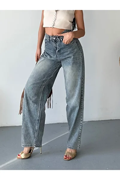 DESTEMODA Women's Belt Buckle Baggy Jean Trousers Effect Light Brown Tint 4003