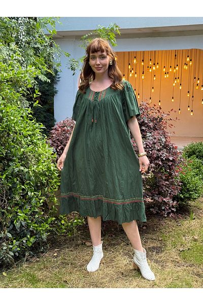 Butik Esra Kandemir Summer Cotton Fabric Lined Large Size Dress - 1058