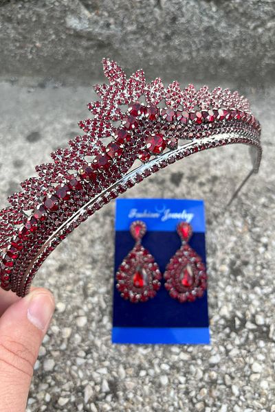 Hobigram Daniela Burgundy Bridal Henna Crown Special Occasion Accessory Women's Crown and Drop Shuttle Earring Set