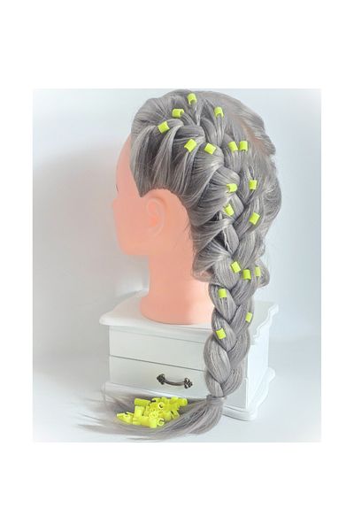 ZLBoutique Set 50 Fosforescent Hair Rings Yellow + Applicator, Model Macaroana, 1 cm x 0.6 cm, Dreadlocks