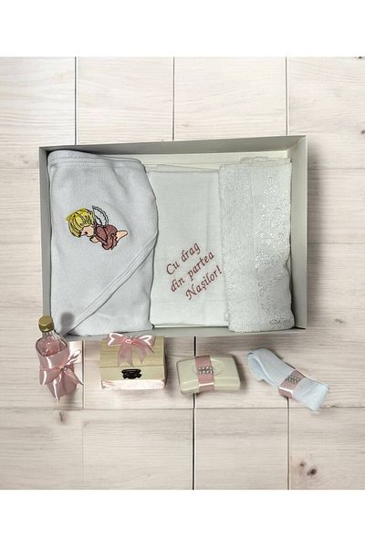 Botez Embroidered angel baptismal set – powder