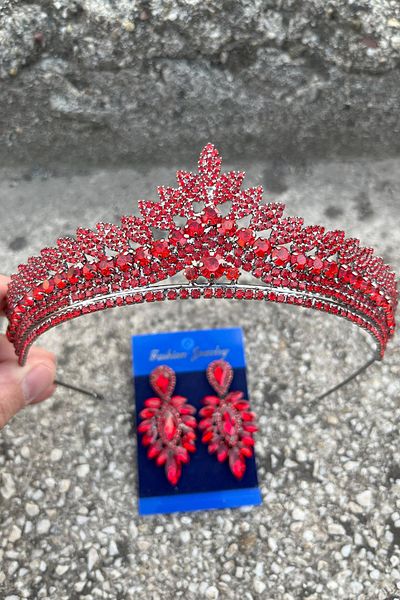 Hobigram Daniela Red Bridal Henna Crown Special Day Accessory Women's Crown and Thin Shuttle Earring Set