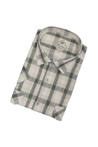GÖMLEK GALERİSİ Men's Classic Loose Fit Double Pocket Plaid Linen Short Sleeve Shirt