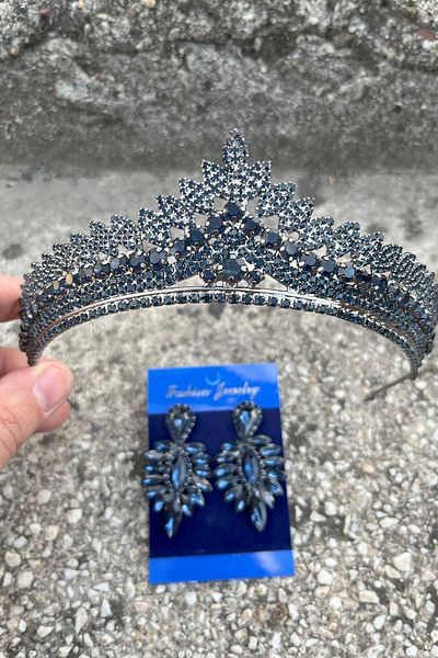 Hobigram Daniela Navy Blue Bridal Henna Crown Special Occasion Accessory Women's Crown and Thin Shuttle Earring Set