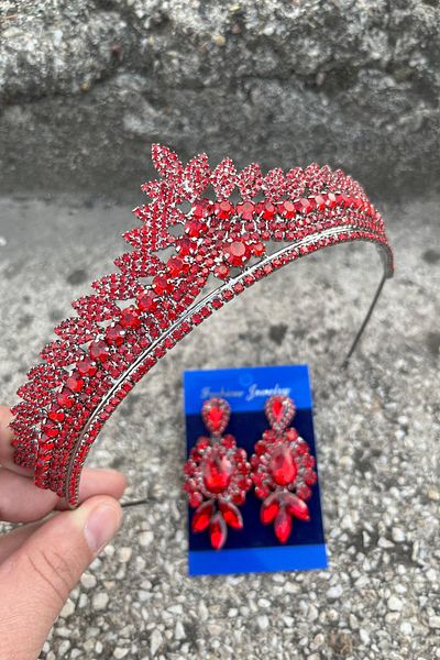 Hobigram Daniela Red Bridal Henna Crown Special Day Accessory Women's Crown and Three Shuttle Earrings Set