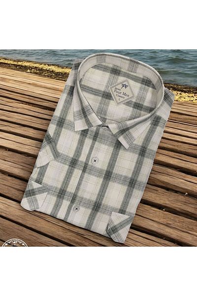 GÖMLEK GALERİSİ Men's Classic Loose Fit Double Pocket Plaid Linen Short Sleeve Shirt