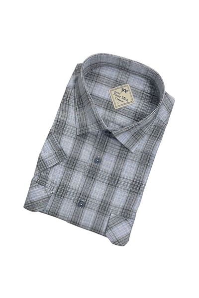 GÖMLEK GALERİSİ Men's Classic Loose Fit Double Pocket Plaid Linen Short Sleeve Shirt