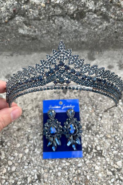 Hobigram Daniela Navy Blue Bridal Henna Crown Special Occasion Accessory Women's Crown and Three Shuttle Earrings Set