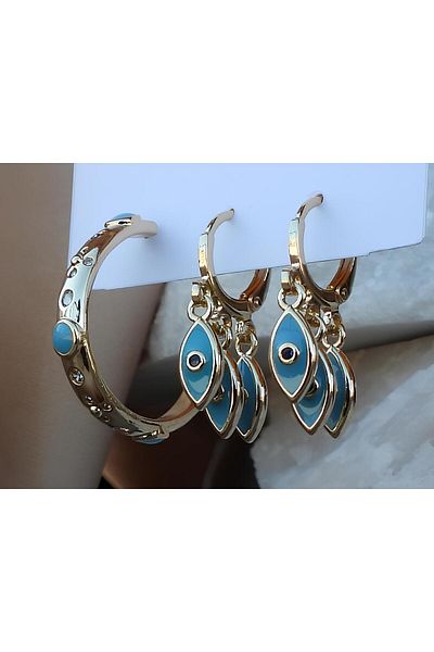 NFS BUTİK Zircon Stone Evil Eye Set of 3 Steel Hoop Earrings