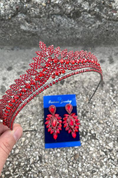 Hobigram Daniela Red Bridal Henna Crown Special Day Accessory Women's Crown and Thin Shuttle Earring Set