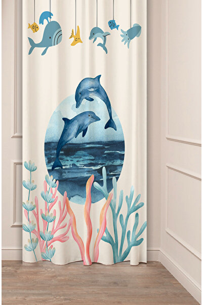 GREENDECOR Dolphin Love Ocean Bohemian Beige Cream Blue Patterned Special Design Digital Printed (Single Wing) Stylish Background Curtain