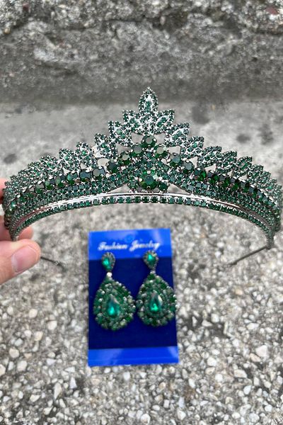 Hobigram Daniela Green Bridal Henna Crown Special Occasion Accessory Women's Crown and Drop Shuttle Earrings Set