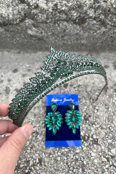 Hobigram Daniela Green Bridal Henna Crown Special Occasion Accessory Women's Crown and Thin Shuttle Earring Set