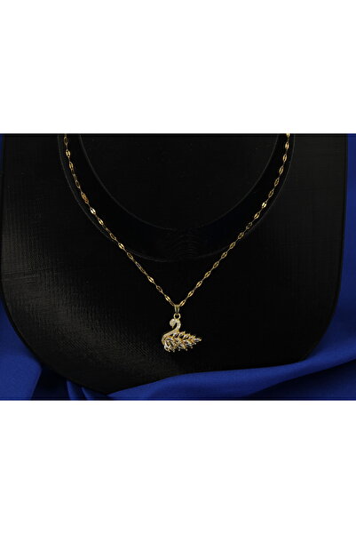 Store Taş İşlemeli Altın Renkli Kuğu Kolye