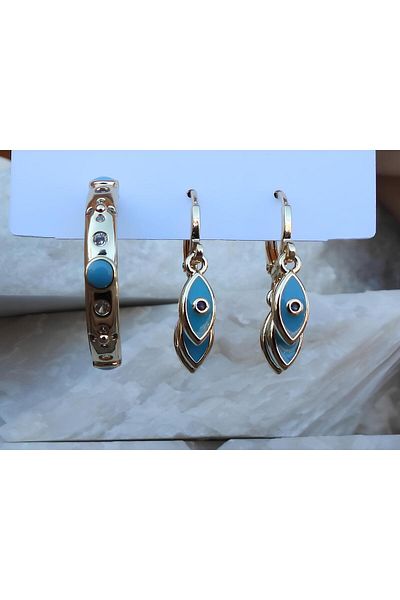 NFS BUTİK Zircon Stone Evil Eye Set of 3 Steel Hoop Earrings
