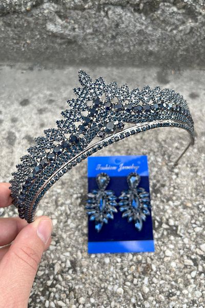 Hobigram Daniela Navy Blue Bridal Henna Crown Special Occasion Accessory Women's Crown and Thin Shuttle Earring Set