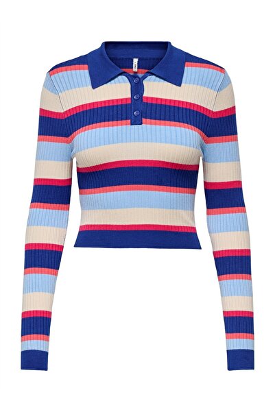 ONLY Onlkarol Ls Crop Rib Button Polo Cc Knt Pulover pentru femei 15340979 Stripes:dubarry/open A/birch/raspb