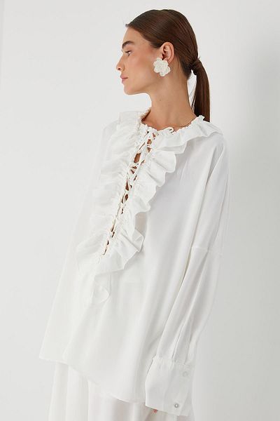 MARKALİSTE Ruffled Lace-Up Skirt Suit White