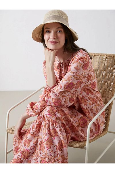 LC Waikiki Lcw Grace Pink Tie Collar Patterned A-Line Dress