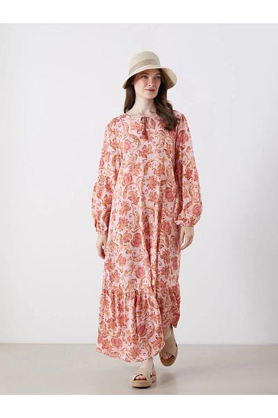 LC Waikiki Lcw Grace Pink Tie Collar Patterned A-Line Dress
