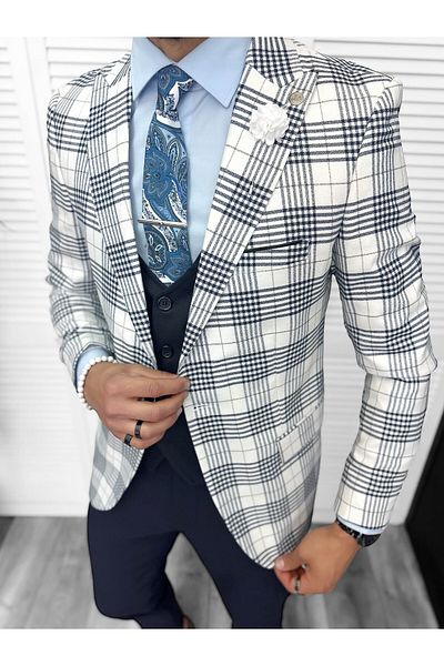 dehaine Sacou pentru barbati, slim fit, in carouri, 715, albastru