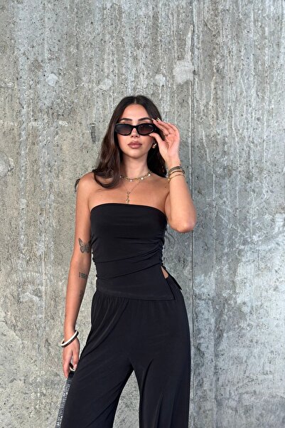 FEWTİNT Suit-Asymmetric Cutout Slit Detail, Gathered, Strapless Neckline Ball. Elastic Waistband Trousers.