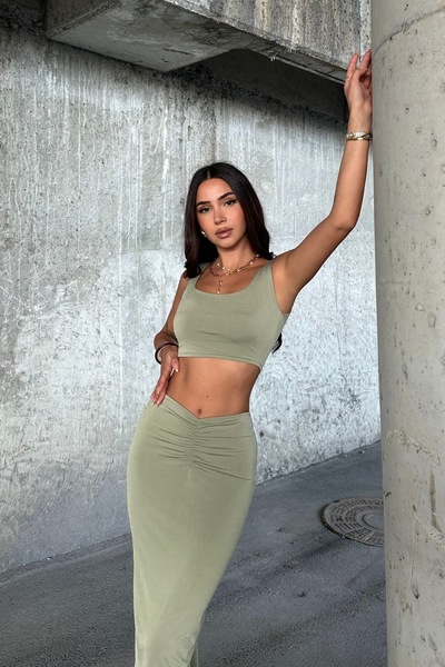 FEWTİNT Skirt Suit - Front Tie Detail, Lined, Midi Length Skirt. Thick Straps, Crop Bluz.