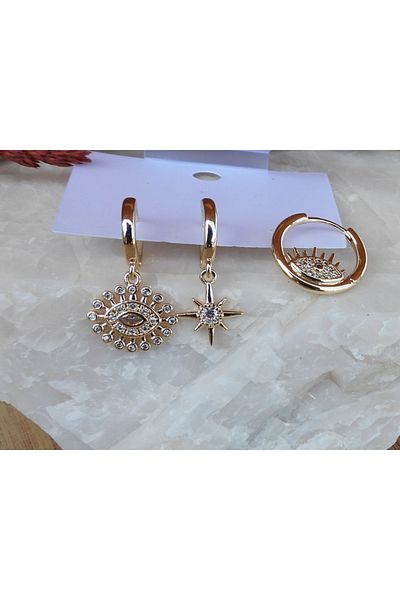 NFS BUTİK Set of 3 Steel Earring Models with Zircon & Baguette Stones