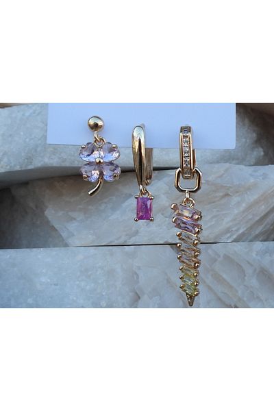 NFS BUTİK Colorful Baguette & Zircon Stone Set of 3 Steel Earrings Pink-Lilac