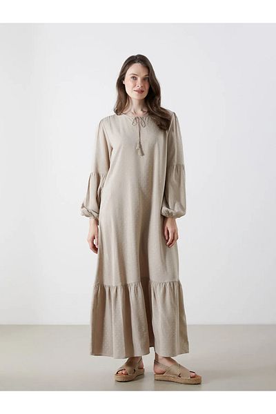 LC Waikiki Lcw Grace Beige Tie Collar Patterned A-Line Dress