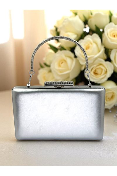 Biçanta Silver Gray Lame Color Matte Skin Leather Women's Evening Dress Bag Wedding Engagement Graduation