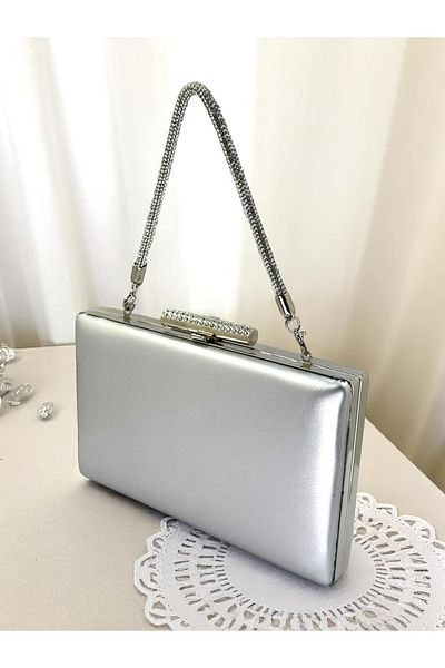Biçanta Silver Gray Lame Color Matte Skin Leather Stone Handle Women's Evening Dress Bag Wedding Engagement Graduation