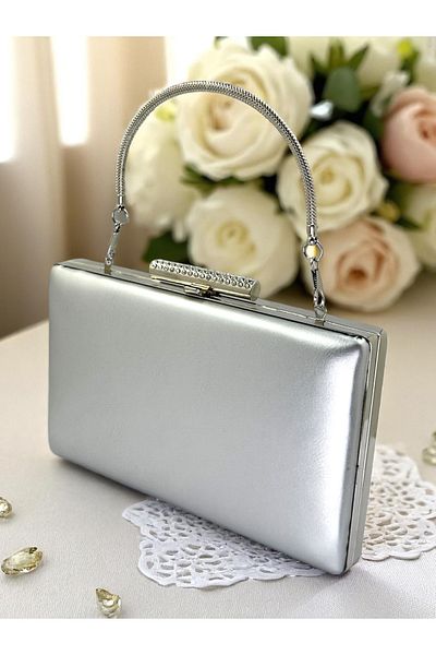 Biçanta Silver Gray Lame Color Matte Skin Leather Women's Evening Dress Bag Wedding Engagement Graduation