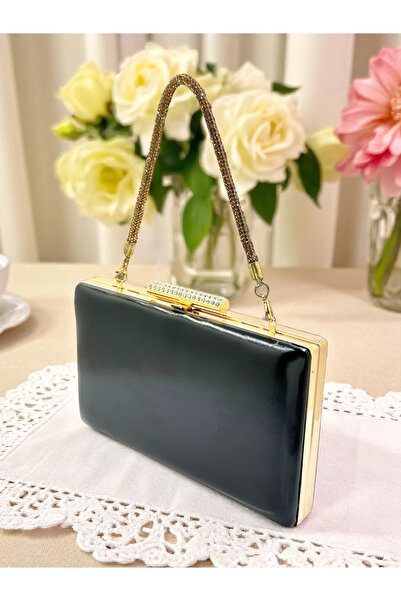 Biçanta Culoare Neagră Piele Mate Piele Mâner din Piatră Aurie Femei Rochie d...