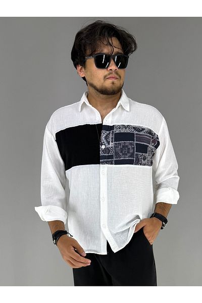 MARESHAL Oversize Garni Black Kilim Detailed Bohemian Cotton Linen Shirt (White)