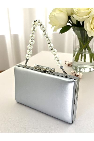 Biçanta Silver Gray Lame Color Matte Skin Leather Women's Evening Dress Bag Wedding Engagement Graduation