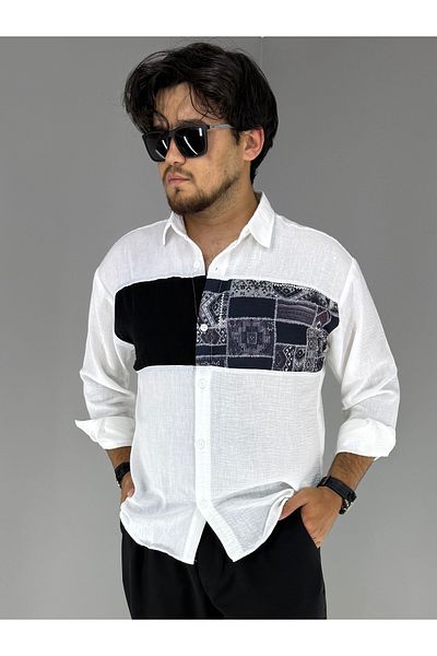 MARESHAL Oversize Garni Black Kilim Detailed Bohemian Cotton Linen Shirt (White)
