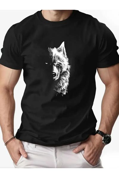 AEMİ Unisex Wolf Printed Oversize Crew Neck T-Shirt