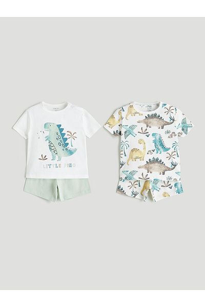 LC Waikiki New Season Crew Neck Dinosaur Printed Baby Boy Shorts Pajama Set of 2 - S5Dn41Z1