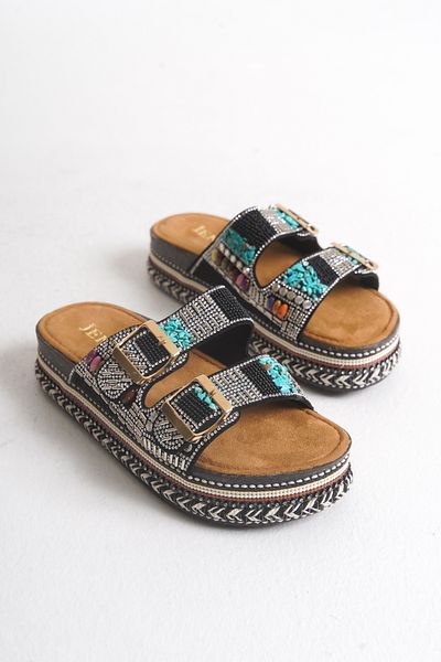SEEM & BE Joy Beaded Hand Embroidered Women's Black Slippers