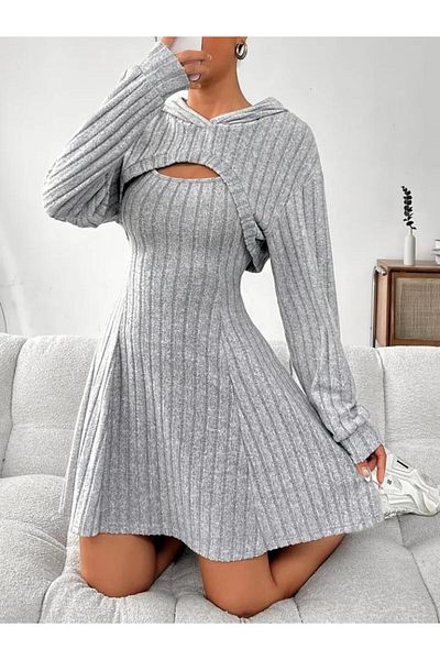 TKLC Square Neck A-Line Camisole Women's Dress with Long Sleeve Hooded Jacket