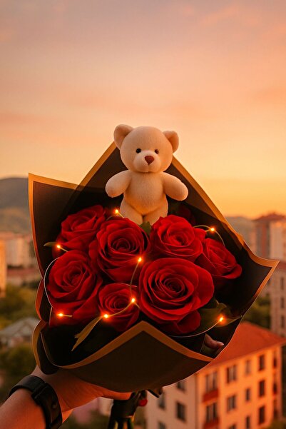 etxShop Kırmızı Gül Buketi ve Peluş Ayıcık Hediye Seti | Sevgililer Günü, Doğ...